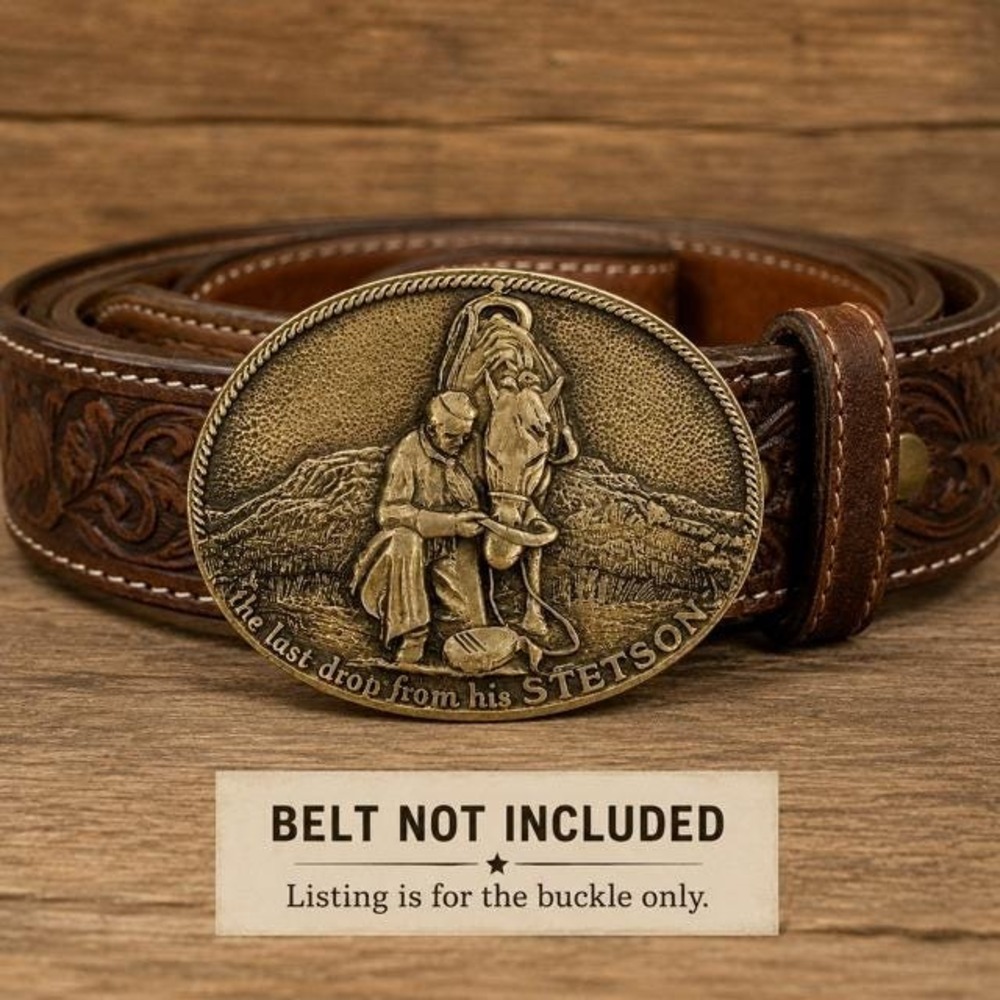 Vintage ADM Stetson Last Drop Cowboy Horse Solid Brass Belt Buckle